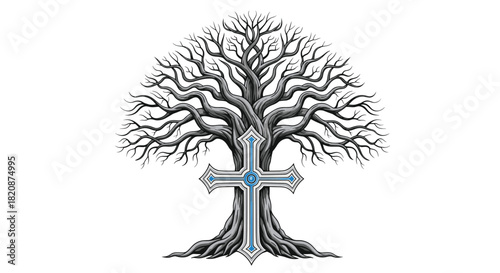 A detailed and symbolic illustration of a large gnarled leafless tree with an ornate Christian cross integrated into its trunk.