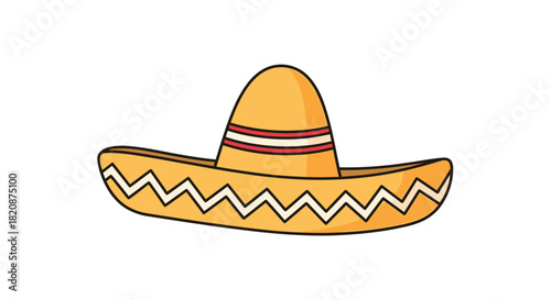 A traditional yellow Mexican sombrero hat with a wide brim and a decorative red and white band isolated on a white background.
