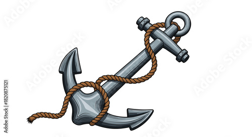 A vintage-style metal ship's anchor with a thick brown rope wrapped around it is illustrated and isolated on a white background.