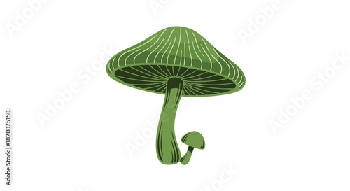 A whimsical green textured mushroom with a smaller one beside it is illustrated in a charming hand-drawn style on a white background.