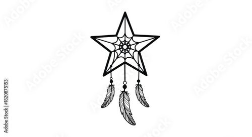A unique star-shaped dreamcatcher with a spiderweb center and three hanging feathers is drawn in a black and white tattoo style.