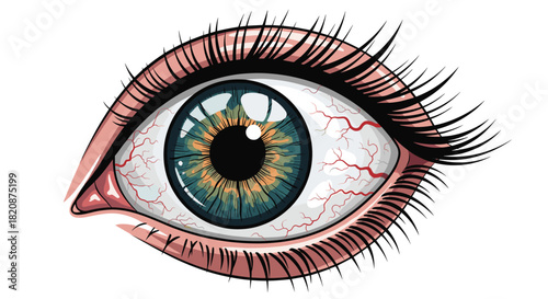 A detailed and expressive illustration of a wide-open bloodshot human eye with long eyelashes looking out from a white background.