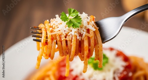 A Tasty Italian Delight Fresh Tomato Spaghetti with Parmesan Cheese and Basil Healthy Lunch or Romantic Dinner Best Food Stock Photo with Pasta for Commercial Use