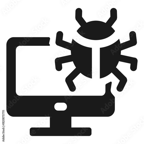 Computer bug vector icon — desktop monitor with malware insect symbol in minimal flat outline style for cybersecurity alerts, system issues, virus infections, and modern UI design
