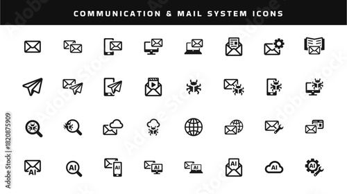 Communication and Mail System Icons Set – Email, Messaging, Spam Detection, Cloud Mail, Global Communication, AI Mail Tools, Bug Scan, Paper Plane, Settings, Multimedia Mail – Editable Vector Pack
