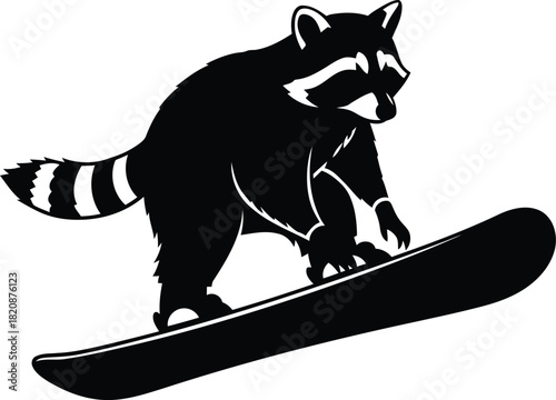 Raccoon snowboarding action silhouette