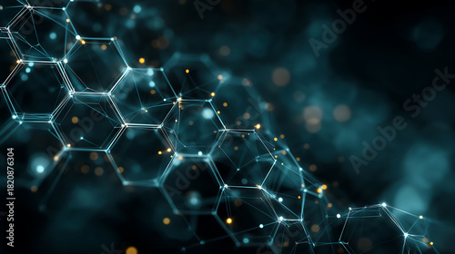 Abstract medical technology interface with geometric patterns in teal and navy gradient, circuit-like lines, digital mesh overlay, military-grade aesthetic