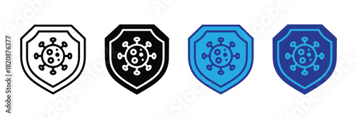 Collection of shield icons with virus symbol inside, representing protection, health, and disease prevention, on white background