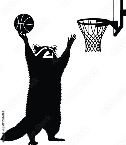 Raccoon dunking basketball silhouette