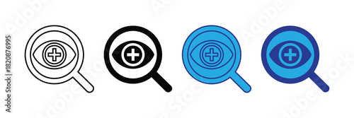 Magnifying glass focused on eye symbol with cross inside, representing vision search, ophthalmology, and medical diagnosis. multiple styles.