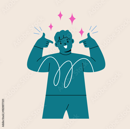 Self esteem concept. Proud boy pointing at himself with both hands. Colorful vector illustration