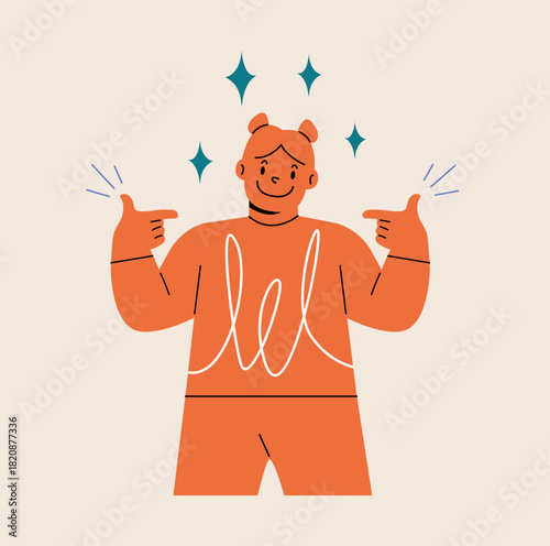 Self esteem concept. Proud girl pointing at himself with both hands. Colorful vector illustration