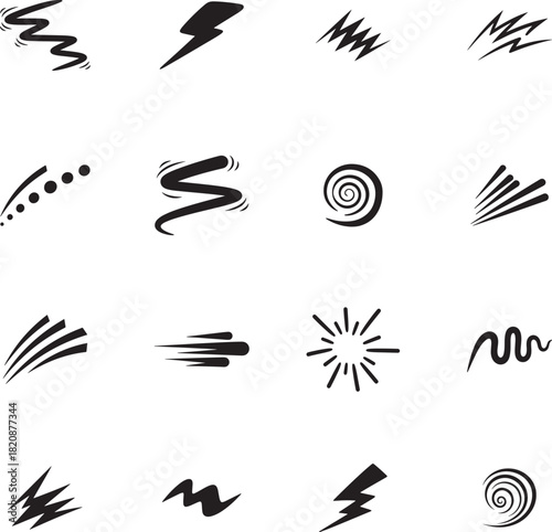 Swoosh Motion Silhouette doodles collection. Includes Silhouette symbols swoosh, motion, energy, spiral, spark and more. Isolated doodles. Motion doodles set. Minimalist doodles pack.