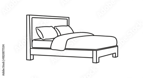 Simple line art illustration featuring a comfortable double bed with two pillows and a cozy duvet. ideal for concepts of rest, sleep, home, and relaxation.