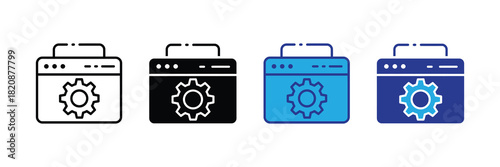 Web browser window with gear icon for settings and configuration options, representing system setup and development processes