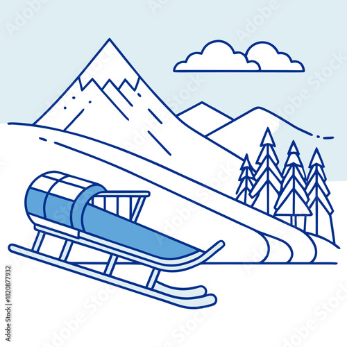 Toboggan on a snowy slope with mountain backdrop.