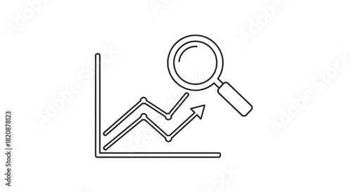Analysis of business growth and market trends depicted by a line graph with an upward arrow and a magnifying glass icon