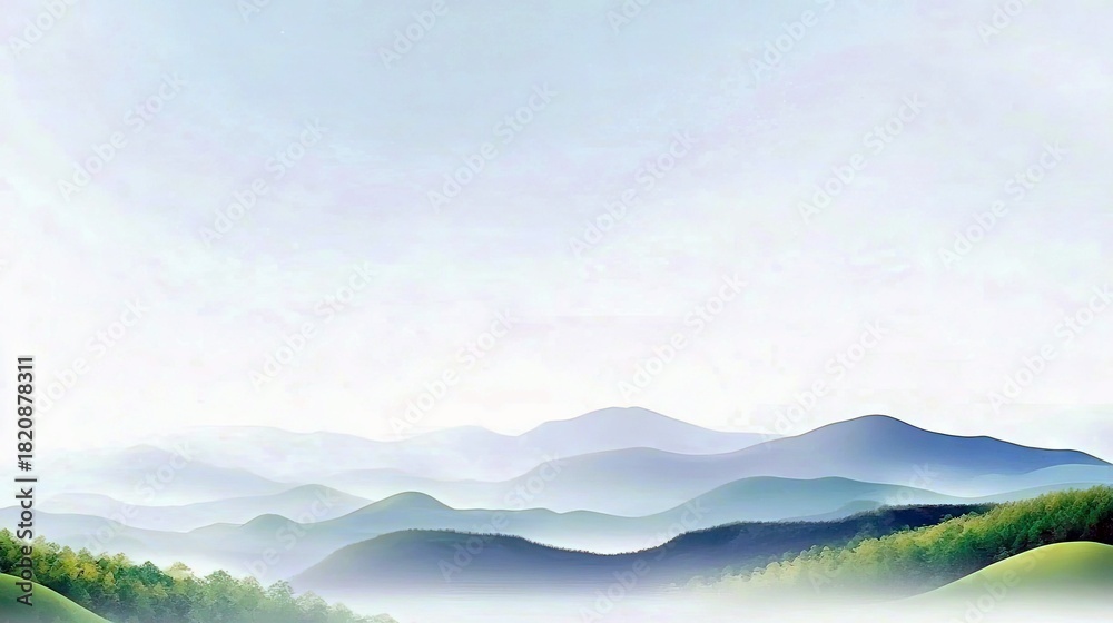 Obraz premium A serene landscape of layered mountains fading into a soft, hazy sky, with a vibrant green forest in the foreground.