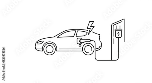Outline icon depicting an electric car charging at a station. sustainable transportation, green energy, and eco-friendly vehicle concept.