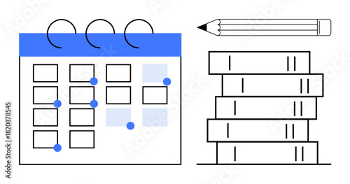 Calendar with marked dates, pencil, and books arranged in stacks. Ideal for scheduling, education, productivity, strategy, planning organization time management. Simple flat metaphor