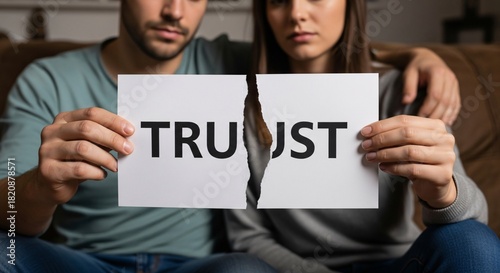 Lost Trust Unhappy Couple Holding Torn Piece of Paper Showing Broken Trust and Relationship Problems Seeking Reconciliation in a Psychological Counseling Session
