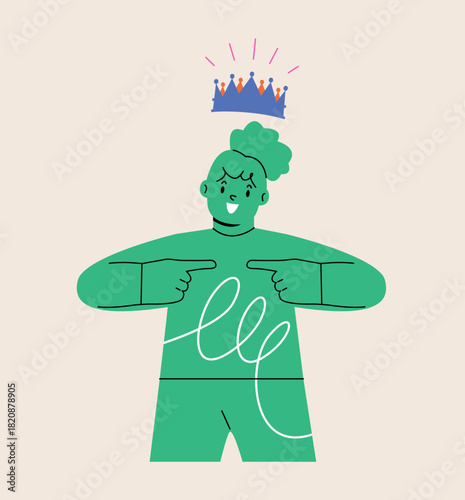 Girl wearing a crown pointing to himself. Colorful vector illustration