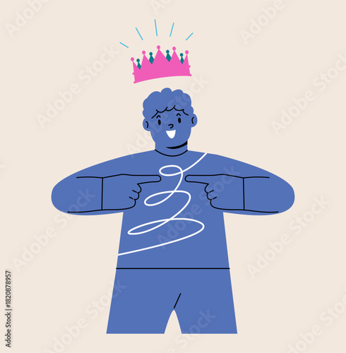 Boy wearing a crown pointing to himself. Colorful vector illustration