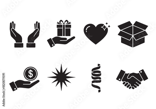 Generosity Icon Set. Generosity Symbols silhouette icon set: giving hands, present exchange, heart sparkle, open box, donation coin, star burst, ribbon curl, handshake