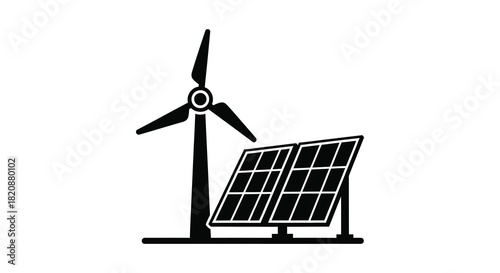 Wind turbine and solar panel illustration for renewable energy sources silhouette