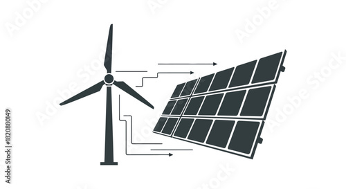 Wind turbine and solar panel diagram in clean energy silhouette