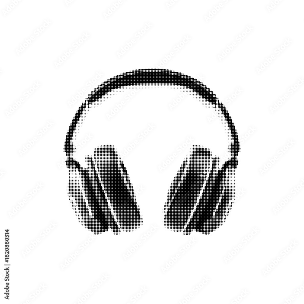 Fototapeta premium Halftone illustration of over-ear headphones in monochrome style. Modern audio accessory symbol for music design, podcast themes, technology projects, and creative graphic concepts.