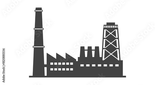 Industrial factory plant building with chimney and tower silhouette