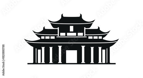 Traditional asian temple architecture illustration in black and white silhouette