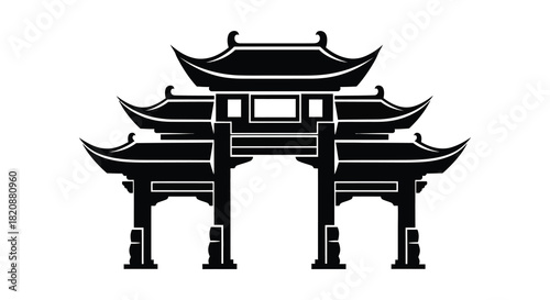 Traditional chinese gate architecture silhouette with pagoda style roofs
