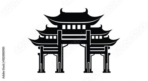 Ornate chinese gate architecture with pagoda style roof silhouette
