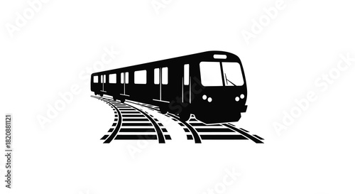 Modern train on tracks isolated illustration in black and white silhouette