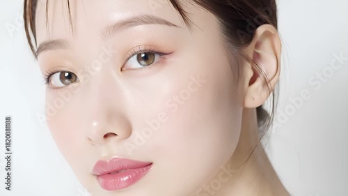柔らかい拡散光に照らされた日本人女性の超リアルな顔のクローズアップ。
白背景と自然な質感の素肌が清潔感と透明感を演出。
美容・スキンケア・ヘルスケア関連の広告やWeb用途に最適。