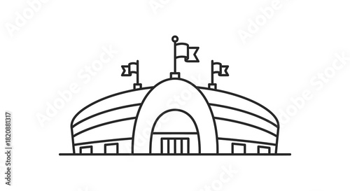 Stadium illustration with flags waving in the wind simple outline silhouette