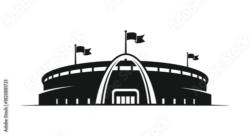 Stadium building with flags silhouette in black and white design