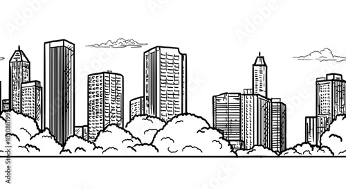 The silhouette of a megalopolis city and lush bushes of parks, a black and white sketch. Vector illustration. Tall multi-storey buildings on a seamless pattern, isolated on a white background.