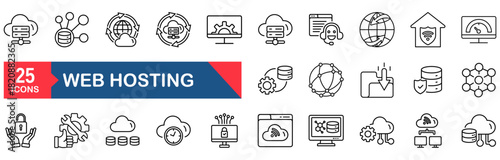 Web hosting icon set. vector illustration concept for server, domain, firewall, cyberspace, database, hosting, collection, backup