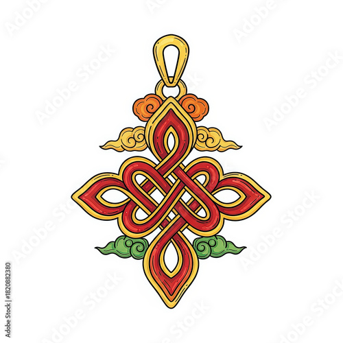 Tibetan knot pendant with colorful patterns and decorative elements  