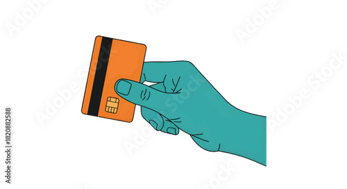A teal-colored hand holds an orange credit card with a chip and magnetic stripe, symbolizing online shopping, digital payment, and financial transactions. Isolated on white.