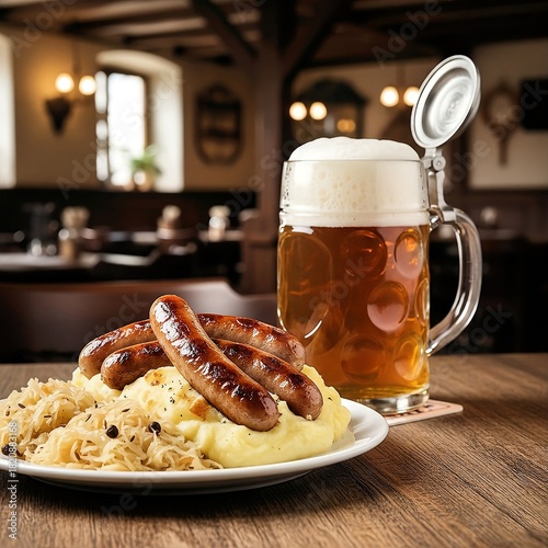 German classical dinner food Mashed potatoes Sauerkraut Sausages Craft Cold beer neural network generated image macro background
