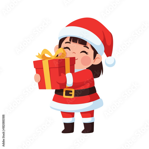 Joyful little girl in Santa costume holding a beautifully wrapped Christmas gift with a yellow ribbon, celebrating the holiday season with excitement and warmth, spreading festive cheer