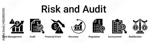 Risk and Audit banner web icon vector illustration concept for business with icon of Risk Management, Audit, Financial Crisis, Recovery, Regulation, Assessment.