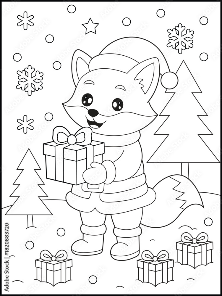 Fototapeta premium Cute Christmas Fox Holding Gift Coloring Page for Kids. Winter Snow Scene with Trees and Presents. Holiday Activity Sheet for Children.