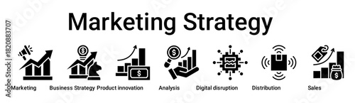 Marketing Strategy banner web icon vector illustration concept for business with icon of Marketing, Business Strategy, Product innovation, Analysis, Digital disruption, Distribution, Sales.