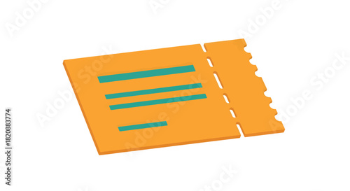 A vibrant orange ticket illustration with teal lines for text and a perforated edge, perfect for events, travel, or admission concepts. Isolated on a white background.