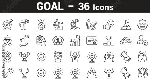  A line-style web icon set featuring business-goal and success concepts, including process, target, focus, human resources, strategy, winner, action plan, and more. Clean design with editable stroke.